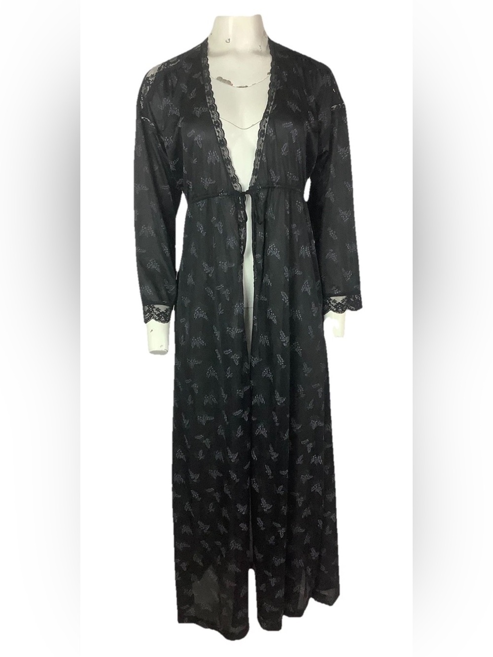Vintage Barad & Co Sz S Sheer Lace Trim Floral Print Nightgown Robe Black